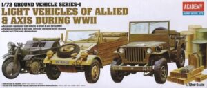 AXIS-ALLIED WWII Armies - Light Utility Vehicles + accessories set - Wehrmacht Volkswagen Type82 Kübelwagen Pkw.K1/NSU Kettenkraftrad HK101 Sd.Kfz. 2 + U.S.Army Willis-Overland Motors Willis MB “JEEP” 1⁄4t 4×4