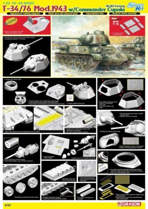 Russian Soviet Army “Red Army” KhMDB T-34/76 “Zavod-Factory N° 183 Model 1943 + Commander’s Cupola” Medium Tank – Dragon “BONUS new turret+MagicTrack” Smart Kit