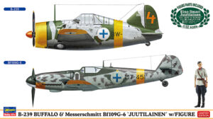 FAF Finnish Air Force "Illmavoimat" Brewster F2A-1/B-239E BUFFALO + Messerschmitt Bf109G-6 + "Eino Ilmari Juutilainen 1/32 Figure" Fighter aircrafts