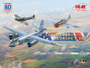 USAAF/RAF "United States Army Air Force/Royal Air Force" Martin B-26C Marauder + Supermarine Spitfire Mk.XVI + North American P-51D Mustang "VE Day 80th Anniversary 1945-2025 - Conquerors of Europe's Sky"  Fighter/Light bomber aircraft  -  ICM "Three models inside" Box