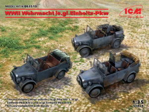 Wehrmacht-HEER "Wehrmacht Einheits-Personenkraftwagen Leichter Gelandegangiger" (BMW-Hanomag Kfz.1/2/4  Light 4x4 scout/Aerial defence vehicle)  -  ICM "3 Kits" box