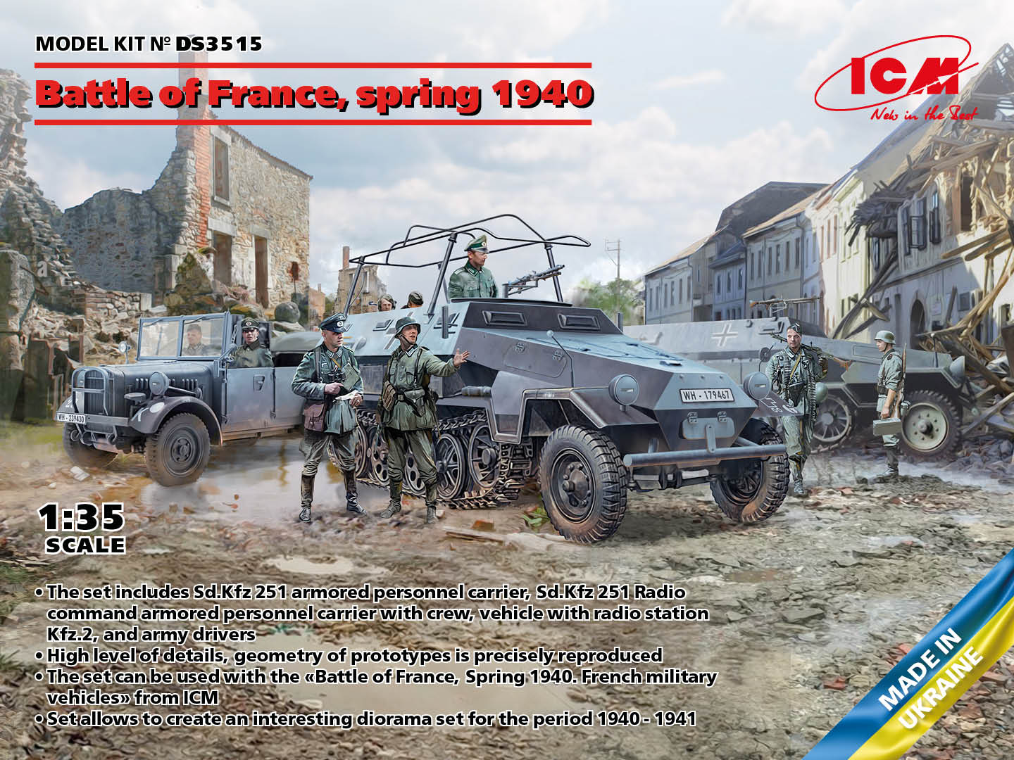 Wehrmacht-HEER "Battle of France '40" (Hanomag-Horch Sd.Kfz. 251/3-251/1 Radio command/Armored personnel carrier + BMW-Hanomag Kfz.2 Light 4x4 scout vehicle + Crews figures) - ICM "3 Kits" box