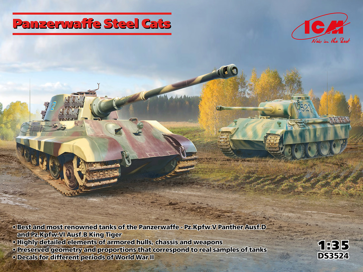 Wehrmacht-HEER "Panzerwaffe Steel Cats" (MAN AG/Daimler-Benz Sd.Kfz.171 Pz.Kpfw.V PANTHER Ausf.D + MAN AG/Daimler-Benz Sd.Kfz.182 Pz.Kpfw.VI KONIGSTIGER Ausf.B) - ICM "2 Kits" box