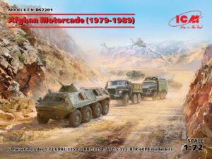 SAF "Soviet Armed Forces" Soviet-Afghan War 1979-1988 "Soviet military convoy" (UAP Ural-375D + UAP Ural-375A Cargo/Utility truck + UAP Ural-375 ATZ-5 Tank truck + GAZ BTR-60PB Wheeled amphibious armoured personnel carrier)