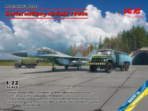 SAF "Soviet Air Force" "80's Soviet air base" (Mikoyan MiG-29A Fighter jet aircraft +2 of Zil-131 APA-50M AMEU/KUNG Utility service truck)  -  ICM "3 kits Inside" box